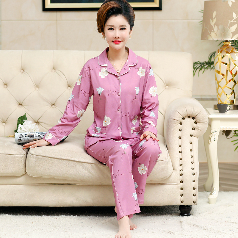 Trung niên mùa xuân pajama cô gái và mùa thu cotton dài tay áo mùa thu nữ trung niên mẹ womens mùa thu mất hai mảnh bộ.