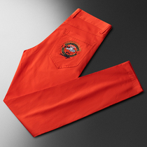 Summer New Orange Red Casual Pants Mens Slim Fit Mens Pants Fashion Embroidered Colored Pants Mens Feet