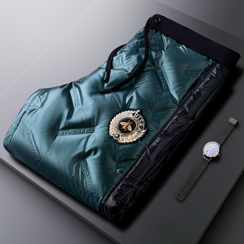 Light luxury quality winter green down pants men wear cold and warm men thick embroidered duck down pants outside the snow