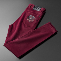 Autumn Winter Dates Red Casual Pants Mens Mens Fashion Quality Embroidery Mid Waist Pants Male Elastic Small Foot Tide