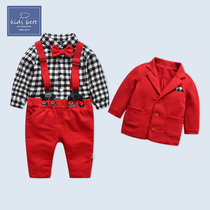 Boy suit Baby spring and autumn suit Western style plaid suit bib pants Red party children gentleman year-old dress