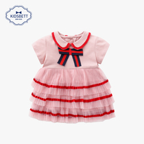 Female child Xia new female baby princess dress baby 100 days old dress puffy gauze dress pink foreign style