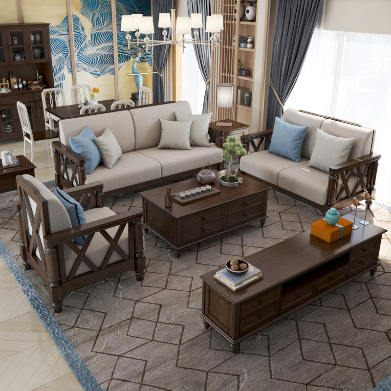 American country all solid wood sofa living room fabric modern minimalist size apartment ash wood furniture combination set
