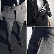 Mens pants casual Joker slim trousers Korean version of the trend small feet suit pants mens trousers striped small trousers summer