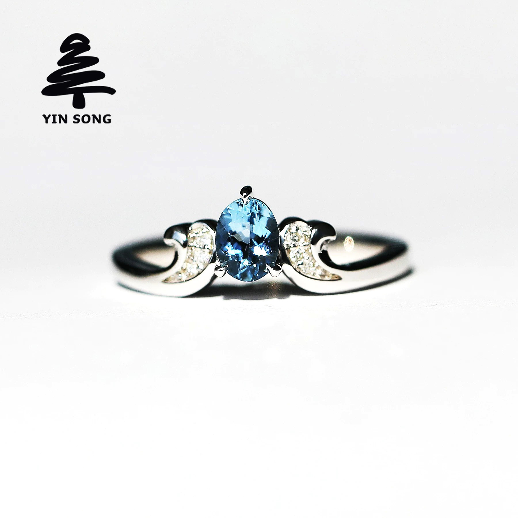 Wave Ring Silver Pine 925 Silver Set Oval Natural Aquamarine Cultured Diamond Women's Jewelry Santa Maria Color