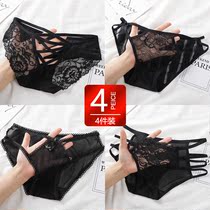 4 Dress Sexy Ladies Briefs Female Lace Pure Cotton Antibacterial Crotch New Transparent Hollowed-out Mid-Waist Traceless Triangle Pants