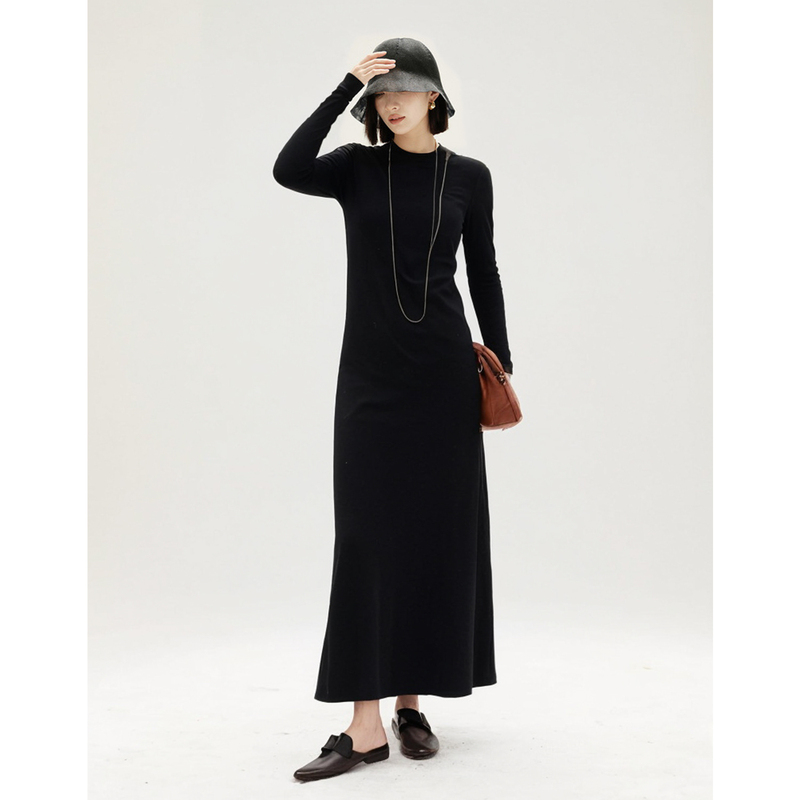 Lyocell Black Long-Sleeved Dress for Women in Autumn and Winter, Classy, Exquisite, Slimming and Elegant Long Skirt