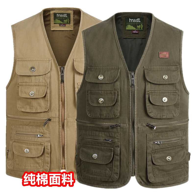 Spring and Autumn Men's Pure Cotton Vest, Middle-Aged and Elderly Casual Multi-Pocket Outdoor Vest, Dad's Fishing Vest, Sleeveless Jacket