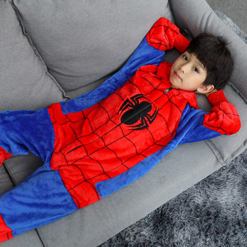 Children's pajamas boys flannel plus velvet thickened autumn and winter coral velvet cute spiderman home clothes jumpsuit