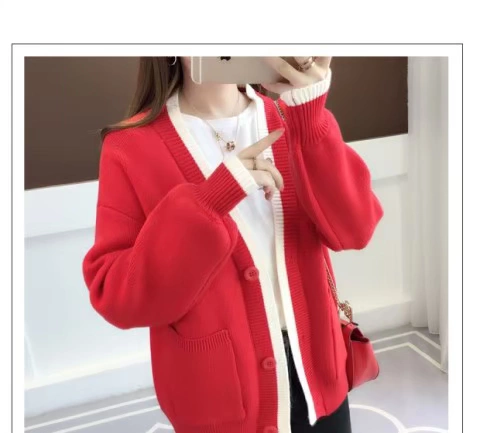 Áo len nữ mùa xuân mới Hàn Quốc lỏng lẻo dày v-cổ đèn lồng tay áo len lười - Đan Cardigan