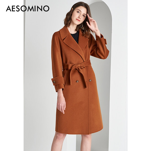 Nqt coat ancient gold 64084139 autumn and winter simple fashionable waist lace sheep wool coat jacket