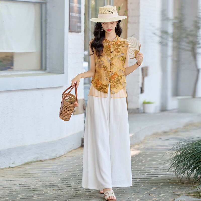 New Chinese-Style National Fashion Suit for Women, 2026 Summer New Model, Unique, Beautiful, Stunning, Elegant, Sleeveless Wide-Leg Pants Two-Piece Set