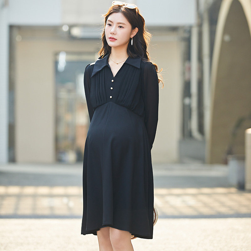 Maternity wear spring 222 Korean version new fashion solid color high-end V-neck loose high waist chiffon temperament dress
