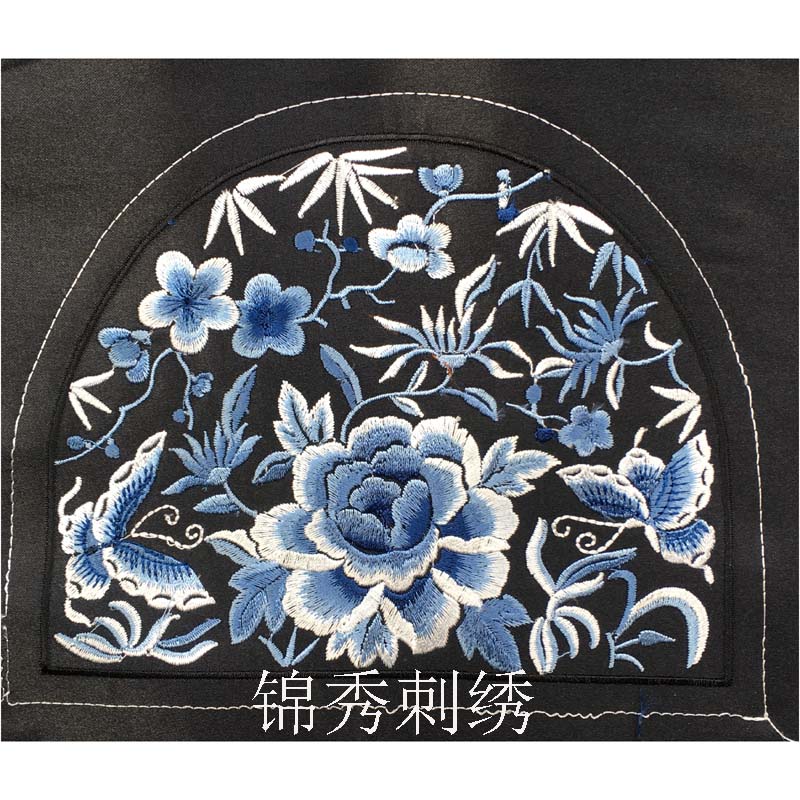 Blue and white porcelain peony flower embroidery embroidery piece ethnic style embroidery machine embroidery piece DIY clothing bag hat accessories