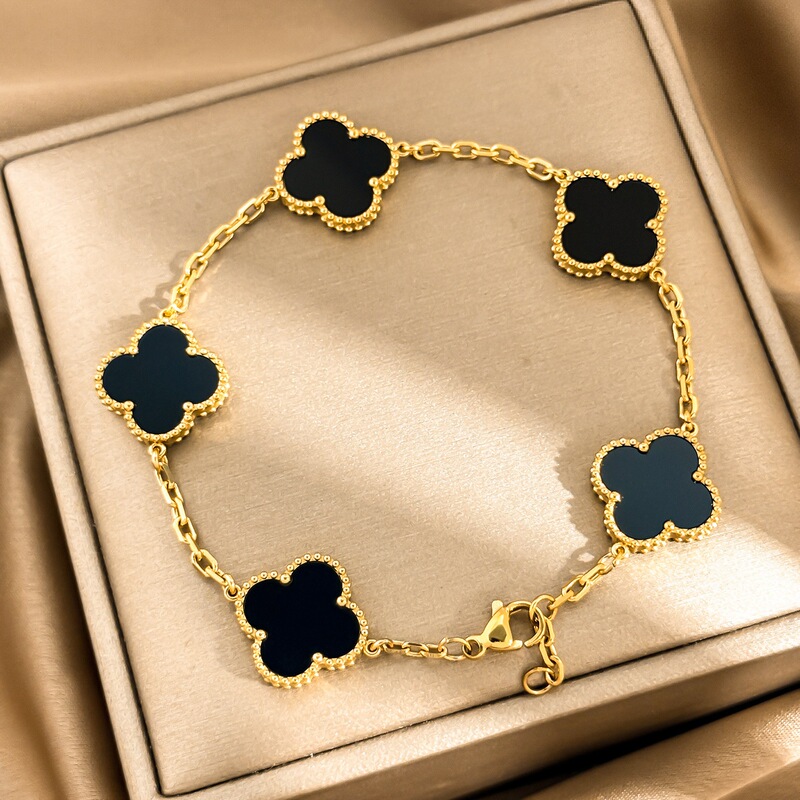 High-End Four-Leaf Clover Double-Sided Five-Layer Titanium Steel Bracelet for Women, 18K Gold Color, Niche Light Luxury Bracelet Jewelry