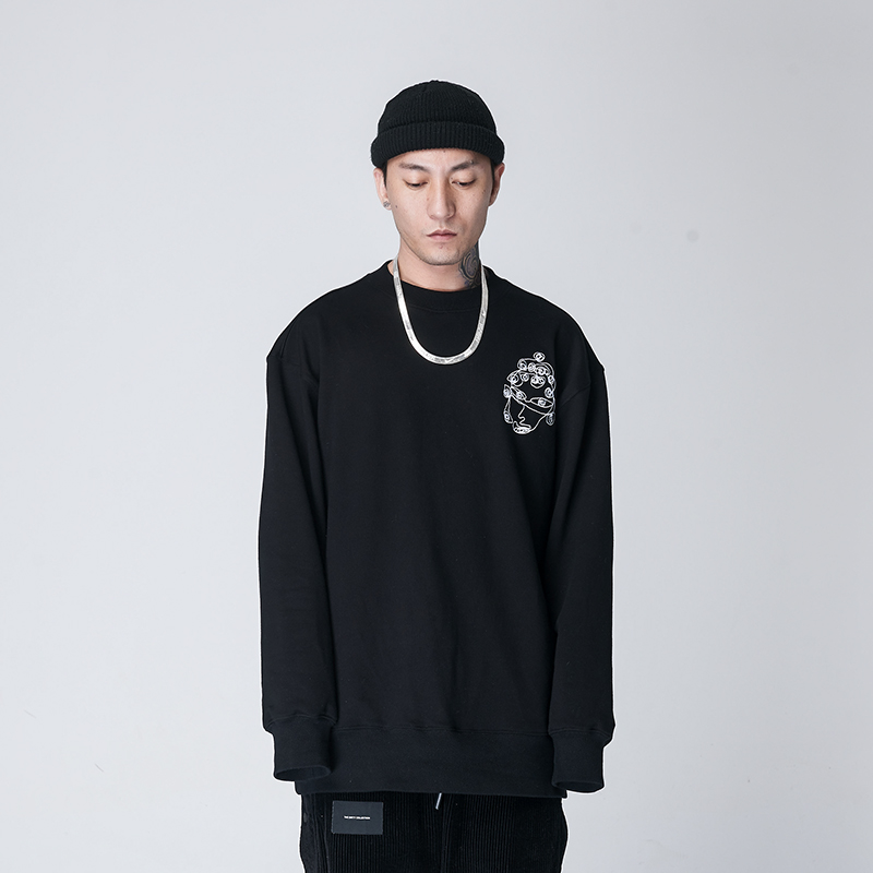 The Dirty Collection black loose embroidered pullover top round neck long sleeve thick cotton T