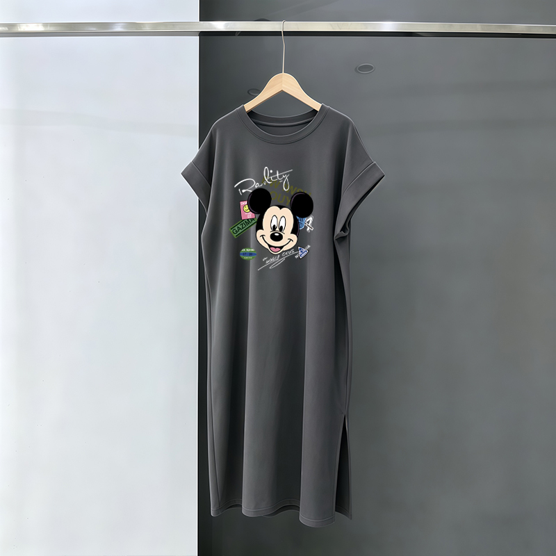Short-Sleeve T-Shirt Dress with Small Flutter Sleeves and Round Neck for Women, 2026 New Korean Style, Loose Fit, Plus Size, Slit Long Dress for Summer Short-Sleeve T-Shirt Dress with Small Flutter Sleeves and Round Neck for Women, 2026 New Korean Style, Loose Fit, Plus Size, Slit Long Dress for Summer