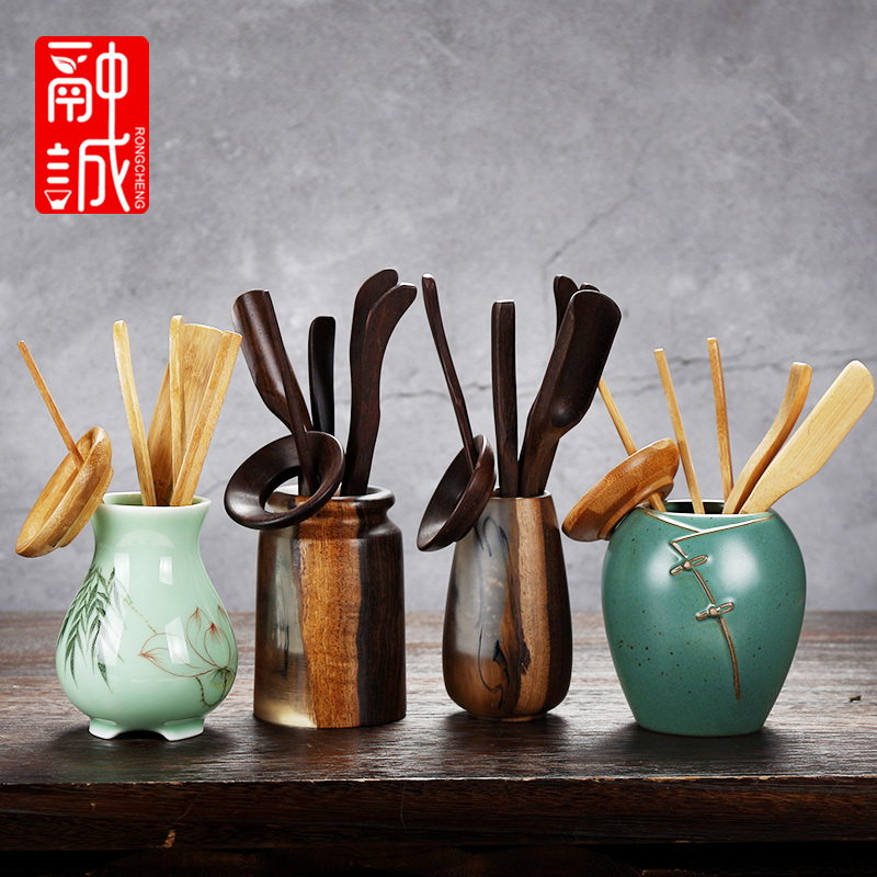 Tea six gentleman 's suit household bamboo wood receive tube ebony kung fu Tea accessories ceramic Tea set