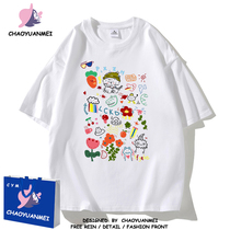 Chaoyuanmei childlike hand-painted printed short-sleeved mens and womens T-shirts summer pure cotton versatile half-sleeved T-shirts couple tops