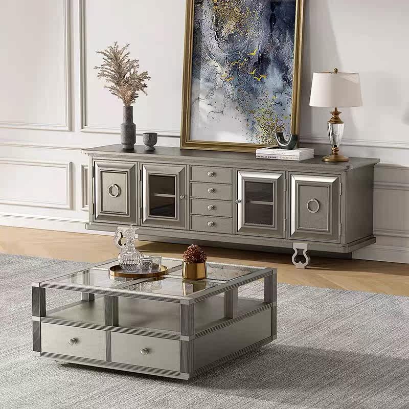 American art light luxury solid wood TV cabinet coffee table combination living room small apartment Nordic modern minimalist TV cabinet