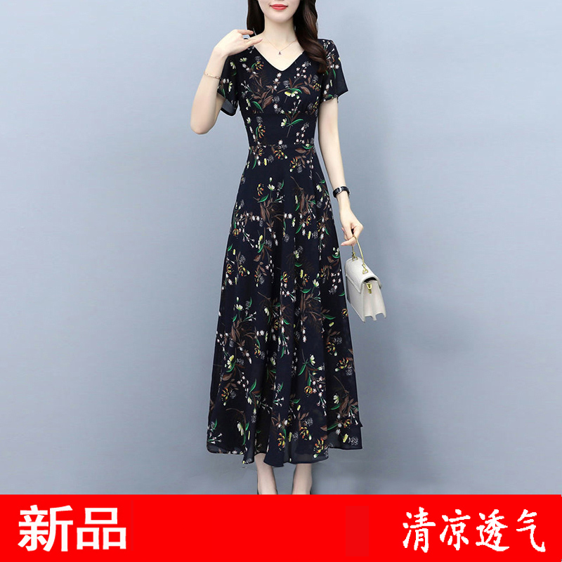 2022 new floral chiffon dress high-end 40-50 year old female middle-aged summer dress mother temperament skirt summer