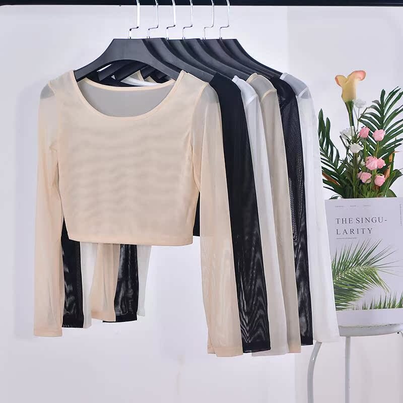 Short Mesh Base Shirt for Women, Spring and Summer Inner Wear, Half-Length Mesh T-Shirt, Long-Sleeved Round Neck, Half-Exposed Navel Top, Slim Fit