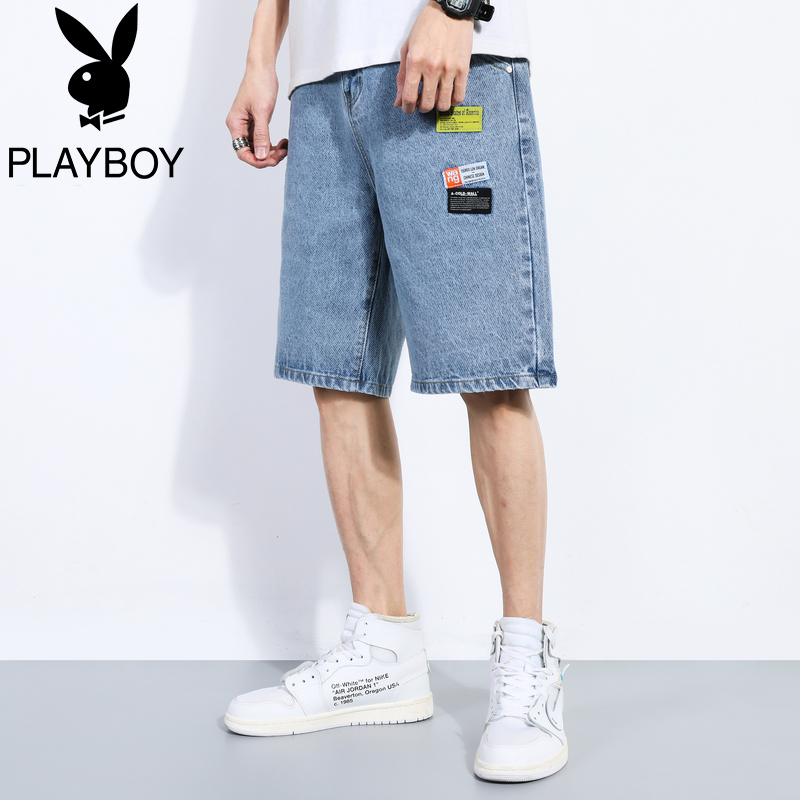 Playboy quần short denim lỗ của nam giới xu hướng mùa hè quần năm điểm thường sinh viên sành điệu quần jean mỏng.