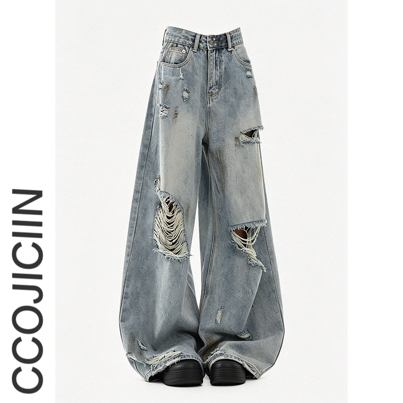 American High Street Style Washed Ripped Jeans for Men, Vintage Loose Drape Wide-Leg Long Pants, Blue Distressed Pants, Trendy American High Street Style Washed Ripped Jeans for Men, Vintage Loose Drape Wide-Leg Long Pants, Blue Distressed Pants, Trendy