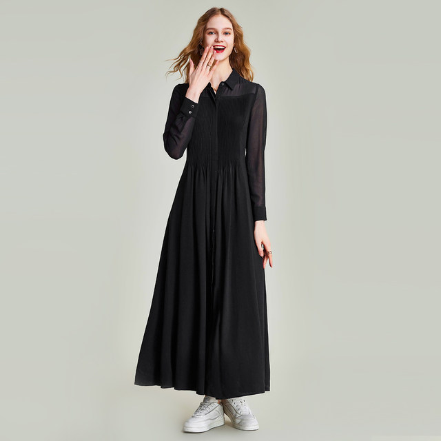 HAVVA2024 Spring New Black Dress Feminine Shirt Skirt French Chiffon Long Skirt Q48701