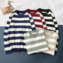 Mens T-shirt long sleeve trend autumn clothes youth New loose round neck striped knitted sweater base coat