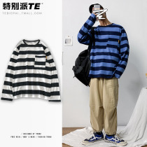 Spring and autumn round head pullover tide loose clothes men Japanese printed long sleeve T-shirt student stripes large size base shirt