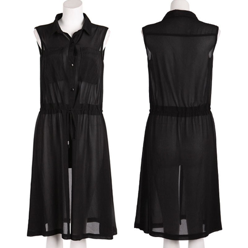 Black Sleeveless Shirt Dress for Women, Mid-Length, Waist-Cinching, Summer Thin Style, Slimming, with Belt, Elegant Buttoned Cardigan Black Sleeveless Shirt Dress for Women, Mid-Length, Waist-Cinching, Summer Thin Style, Slimming, with Belt, Elegant Buttoned Cardigan