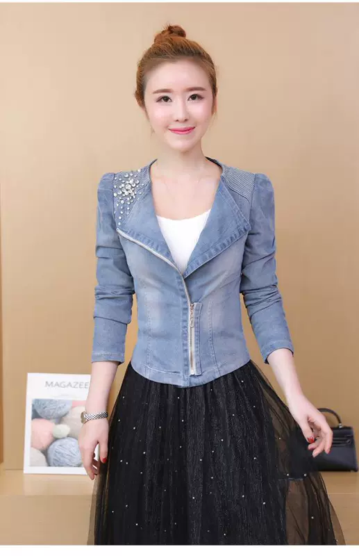 Áo khoác denim, ngắn nữ, phù hợp với nhỏ, mùa xuân và mùa thu, phiên bản Hàn Quốc, mới mỏng, mỏng, eo, khí chất, ve áo
