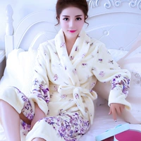 Áo ngủ nữ dày flannel mùa thu và áo choàng mùa đông của phụ nữ cotton dài tay nhung san hô dễ thương màu tím phần dài bộ pijama lụa