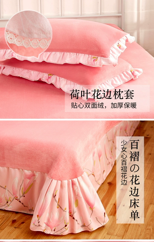 Winter giường nhung chăn hô một gia đình bốn 1.8m giường flannel Hàn Quốc vải váy ba mảnh Levin luật dày - Bộ đồ giường bốn mảnh
