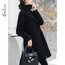 2020 autumn and winter new black double-sided coat medium-long cocoon type thin zero cashmere coat female