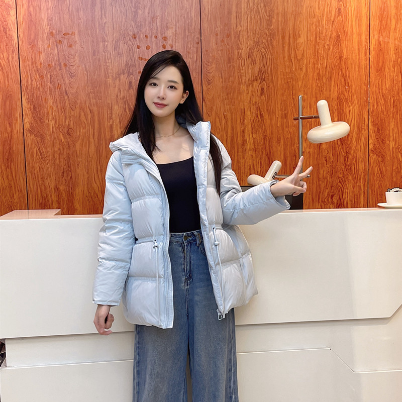 Milk Blue Winter Warm Drawstring Waist Slimming Three-Dimensional Mid-Length down Jacket for Women, Super Good 90% White Duck down Coat