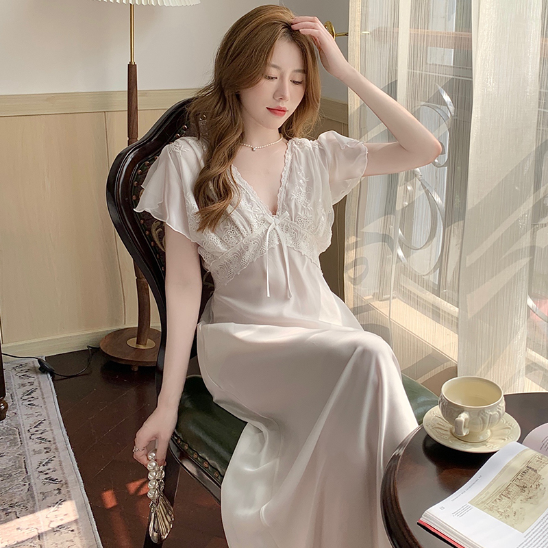 Sleeping Dress Women's Summer Ice Silk Short Sleeves Style Sexy Lace Sleepwear Light Lavish Court Style 2022 New Home Clothes
