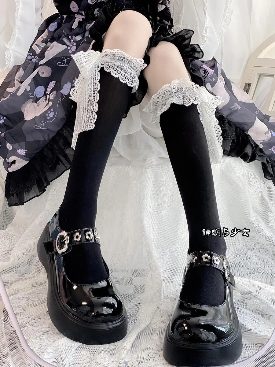 jk制服加工定制 日系洛丽塔蝴蝶结花边短袜中筒袜子女白色甜美蕾丝小腿袜