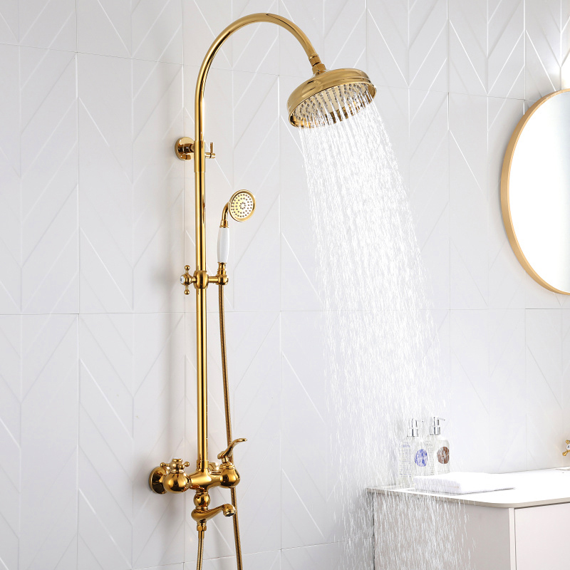 Brass Light Luxury French-Style Gold Shower Set with Wall-Mounted Adjustable Rod and Single-Handle Antique European-Style Faucet Brass Light Luxury French-Style Gold Shower Set with Wall-Mounted Adjustable Rod and Single-Handle Antique European-Style Faucet