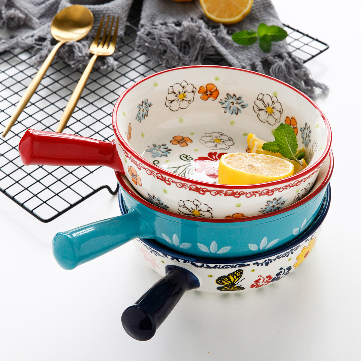 Baking pan, Japanese household ceramic bowl breakfast bowl with the handle special big bowl of oven baked FanPan fruit bowl