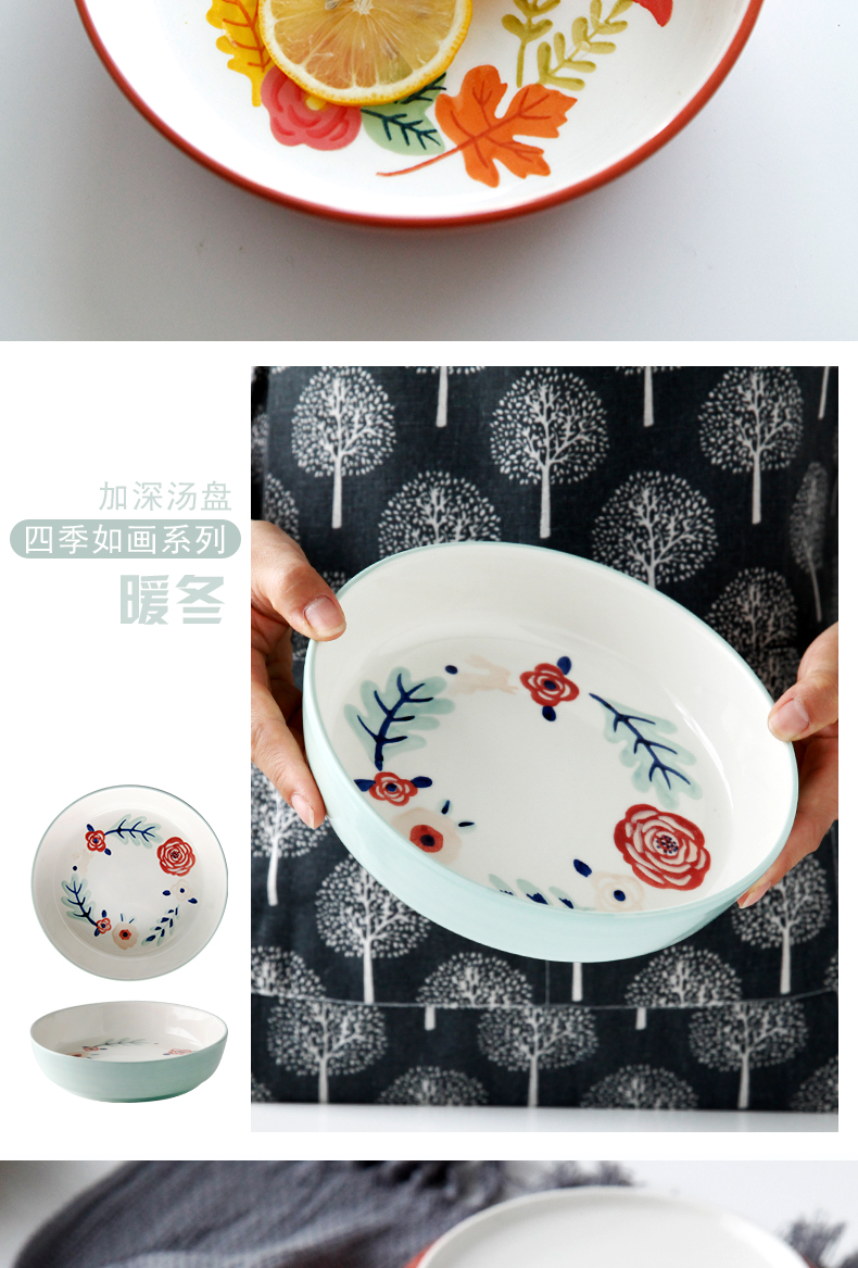 Japanese hand - made creative web celebrity home large ceramic dish dish plate western soup plate round deep dish dish