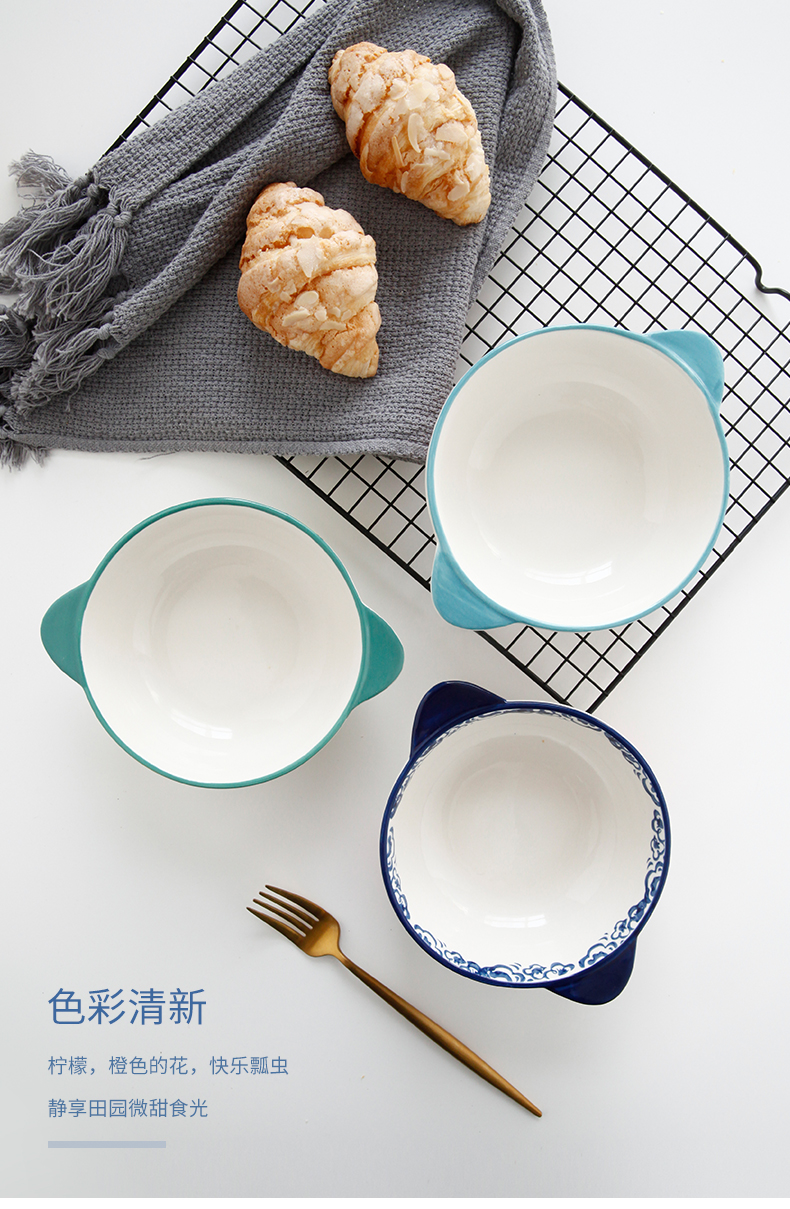 Nordic household ceramic bowl of salad rainbow such as bowl with the handle roasted bowl individual ins dishes tableware creative move and lovely