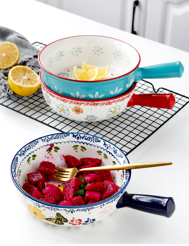 Baking pan, Japanese household ceramic bowl breakfast bowl with the handle special big bowl of oven baked FanPan fruit bowl