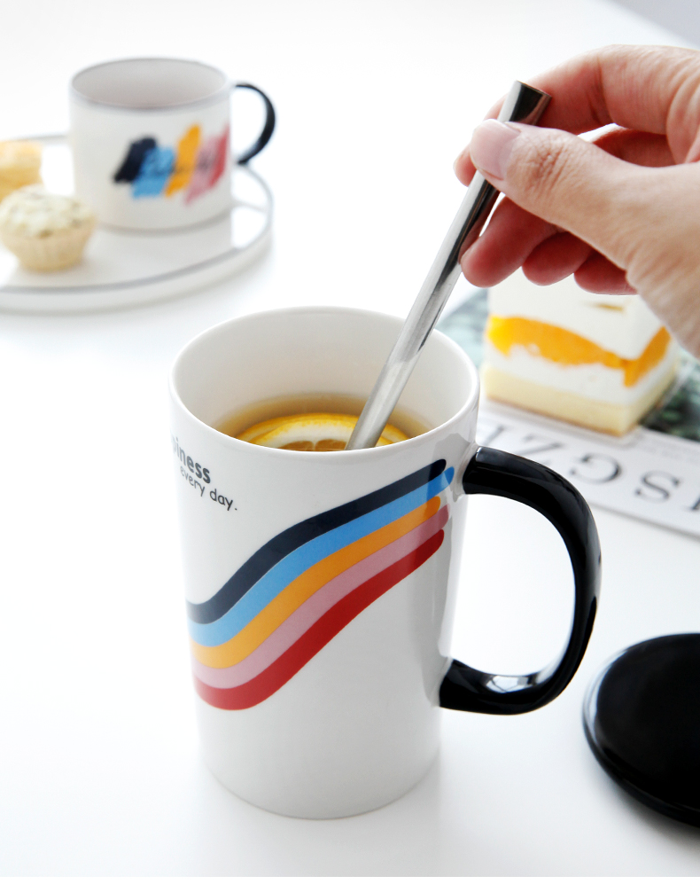 Creative contracted glass ceramic cup domestic large capacity mark cup coffee cup tea cups with cover spoon move trend