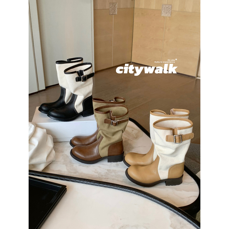 Grape Mom Studiolee Height Increase 4cm~ Stylish Color-Blocked Belt Buckle Round-Toe Western Mid-Calf Riding Boots for Women Grape Mom Studiolee Height Increase 4cm~ Stylish Color-Blocked Belt Buckle Round-Toe Western Mid-Calf Riding Boots for Women