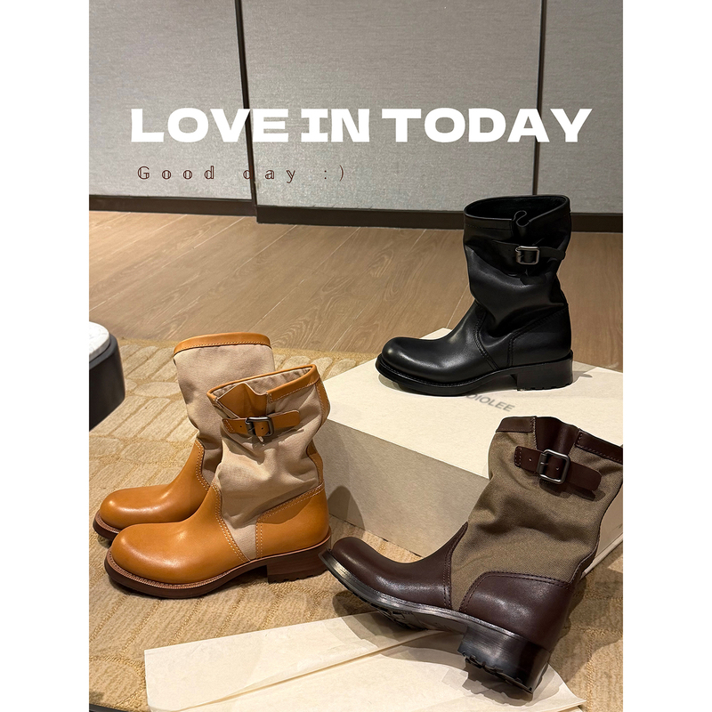 [Black Label Series] Grape Mom Studiolee 4cm Thick Heel Cowhide Color-Blocked Vintage Belt Buckle Mid-Calf Boots