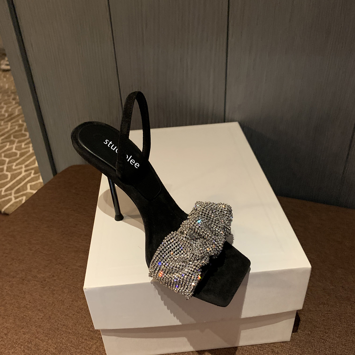 Black Back With Slim Heel (8Cm) & StockGrape mother Studiolee ~ Square head Sandals female summer Fairy wind Word band rhinestone Fine heel king high-heeled shoes