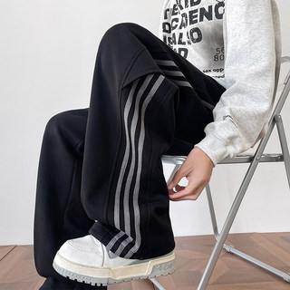 Спортивные мужские брюки осенью и зимой, бархатные прямые брюки нового стиля, свободные широкие брюки, повседневные брюки в американскую полоску.