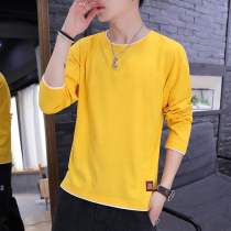 ins pure cotton loose long sleeve t-shirt mens spring new upper clothes tide Han version handsome and round collar inner hitch bottom shirt